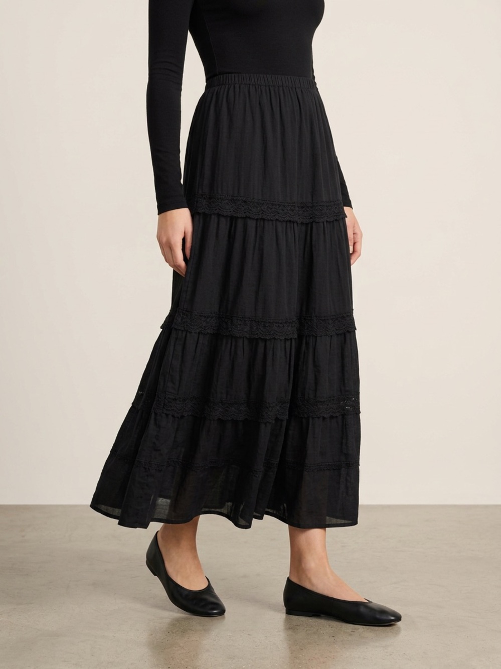 White Stag Black Tiered Maxi Skirt with Lace Details